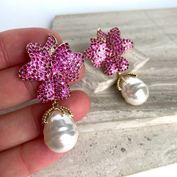 NEW ~ Anthropologie Made by Maddie Pink Travona Floral Pave Crystal & Pearl E… - Picture 3 of 16